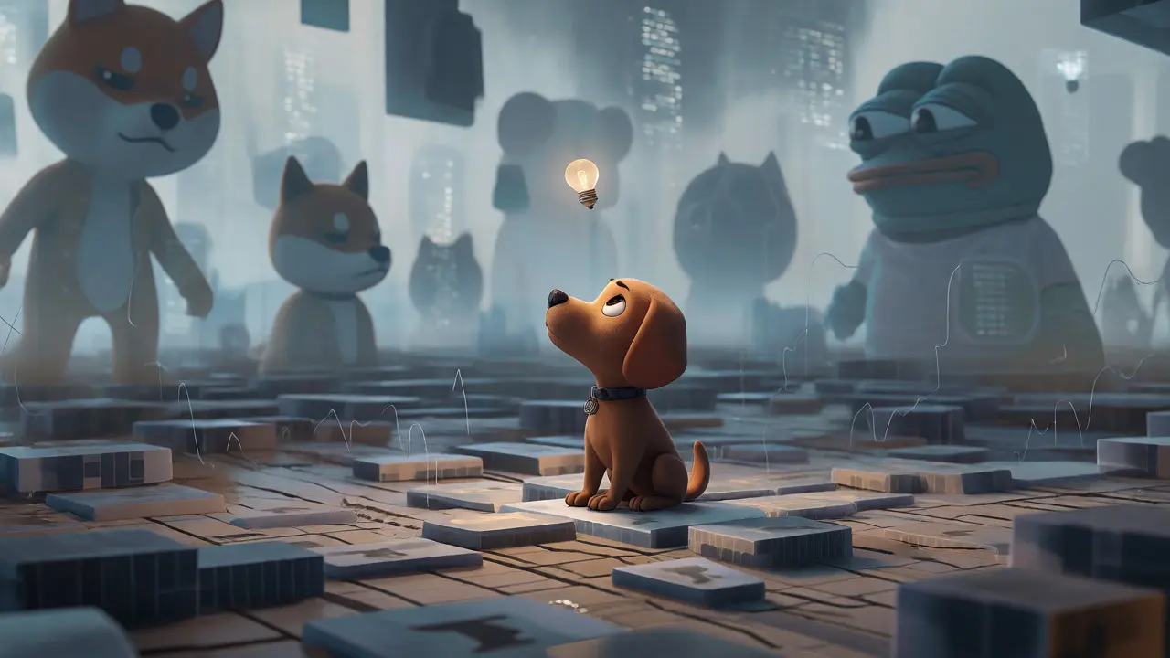 Lonely cartoon dog in digital desert with ghostly crypto mascots in background