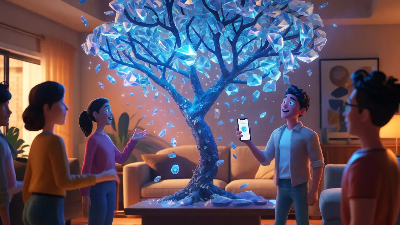 People collecting glowing blue crystal tokens falling from a holographic tree in a living room.