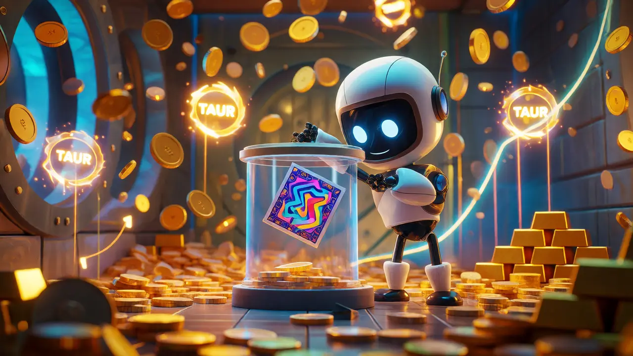 Robot character securing a generative NFT in a vault filled with golden tokens.