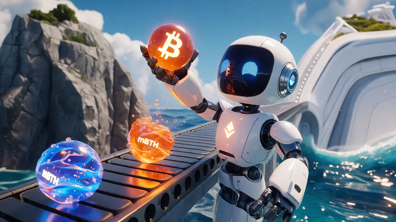 Robot converting Bitcoin and Ethereum into liquid assets on a bridge
