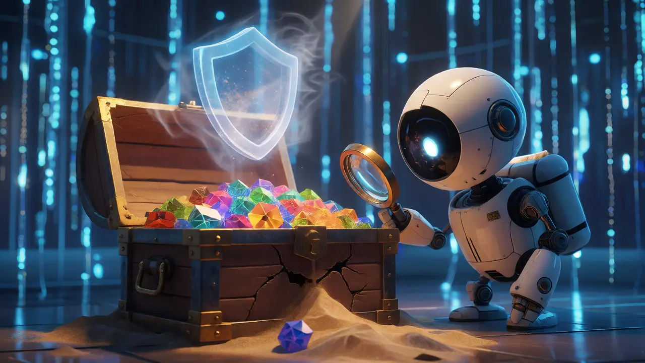 Robot inspecting cracked treasure chest with fading shield