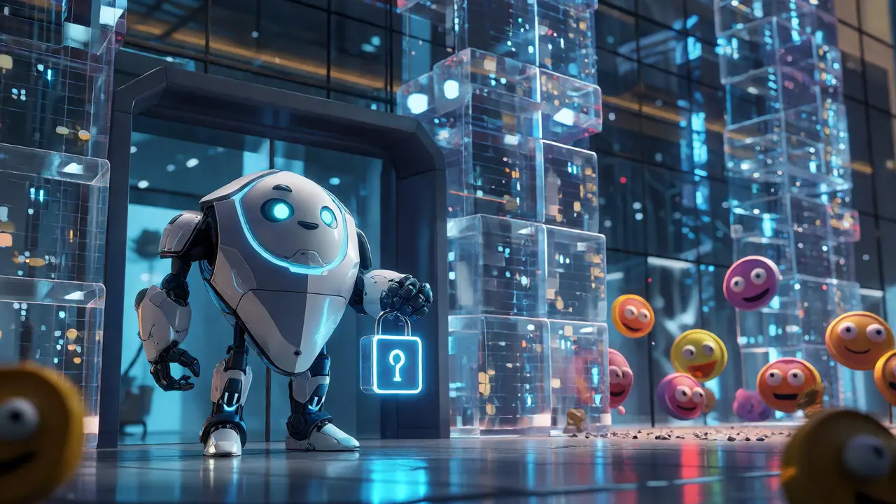 Shield robot guarding a data building from chaotic meme coins, symbolizing enterprise security.