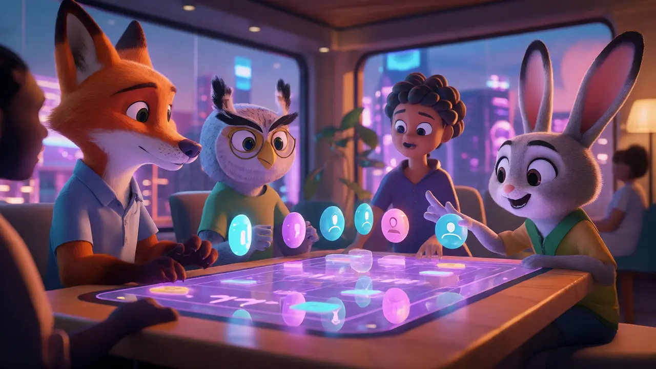 Stylized animals interacting with floating NFTs around a holographic table.