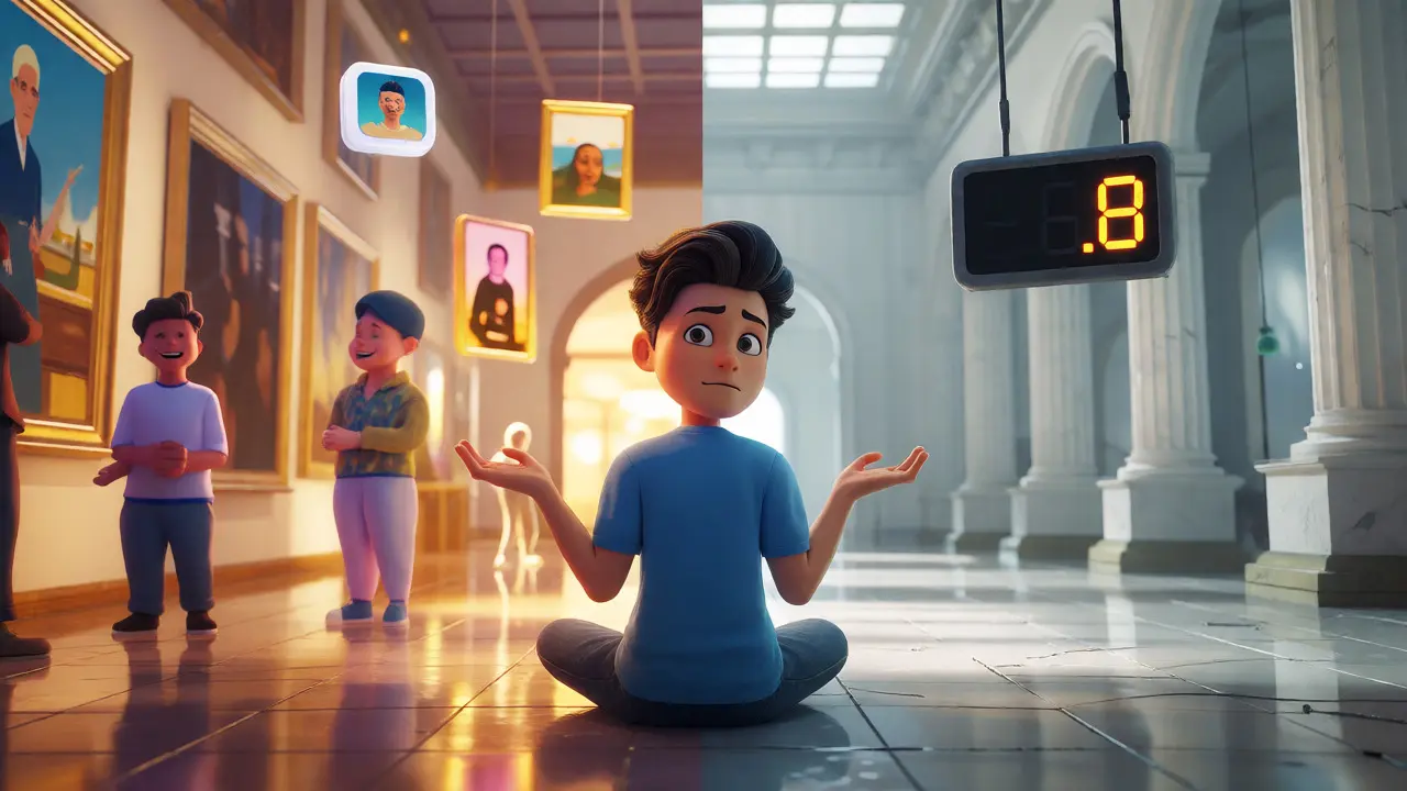 Token character comparing busy gallery to empty market