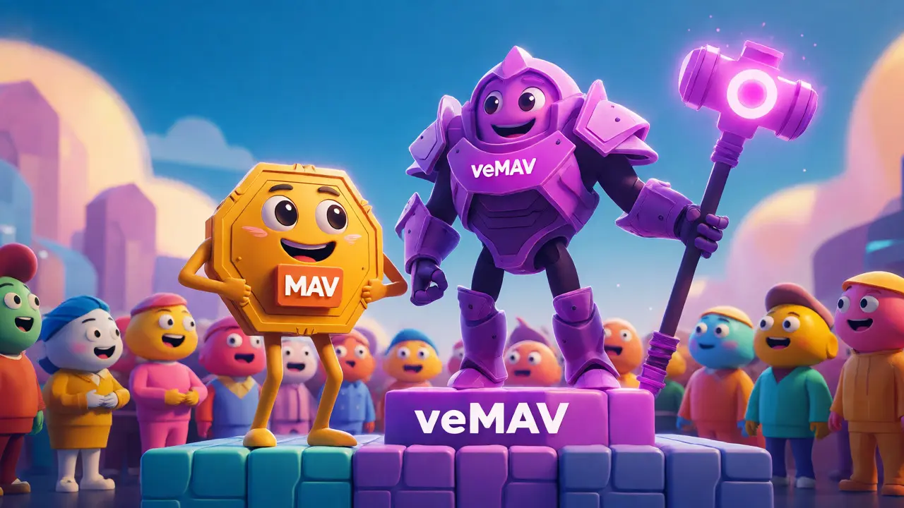 Token characters illustrating MAV and veMAV governance roles